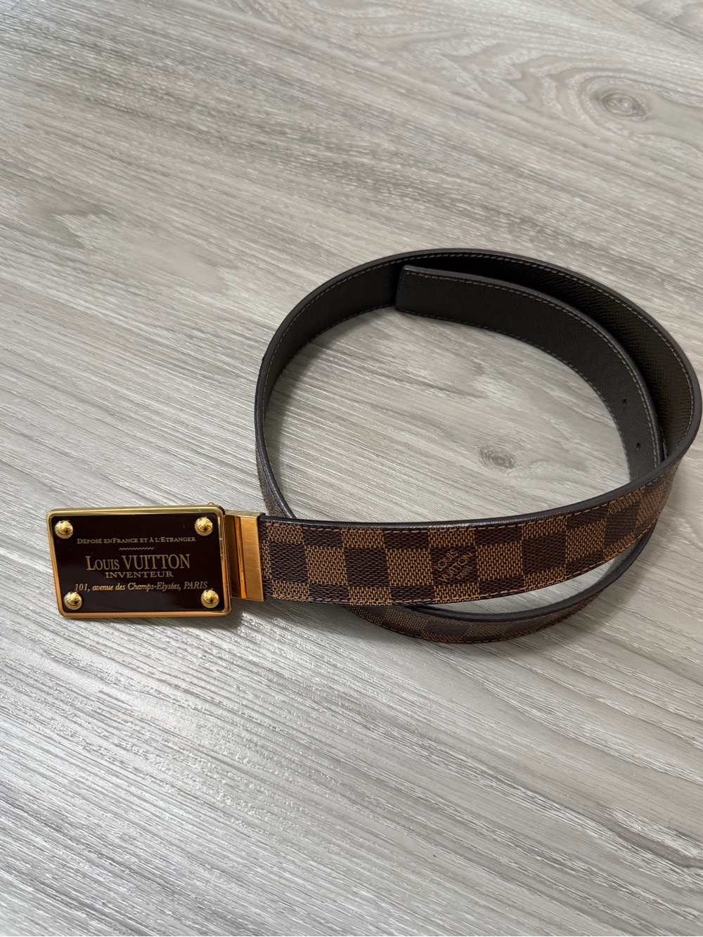 Louis Vuitton Brown Damier Ebene Plaque Belt with Gold Buckle